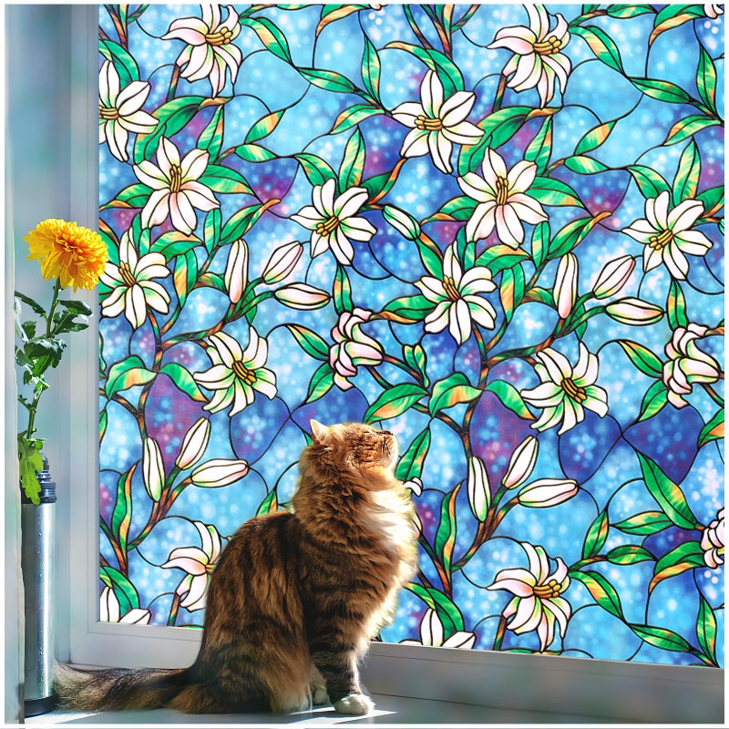 Coavas Decorative Window Privacy Film, Heat Control Sun Blocking Stained Glass Window Film, Floral Design Static Cling, Non Adhesive Windows Tint for Bathroom Front Door (Vinyl, 23.6" x 157.4 ") - Image 1